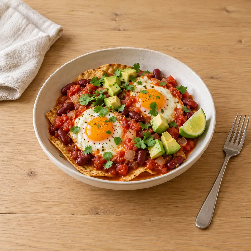 Huevos rancheros, haricots rouges et tortilla croustillante