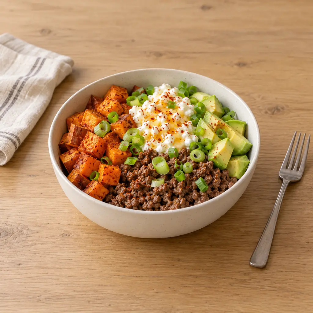Bowl boeuf, patate douce rôtie et cottage cheese au miel pimenté
