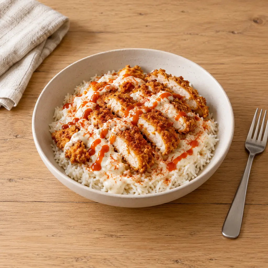 Poulet croustillant, riz et sauce crémeuse façon Tasty Crousty