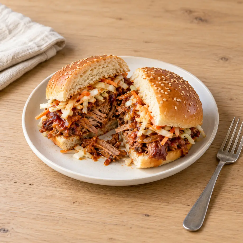 Effiloché de porc BBQ, coleslaw et pain burger