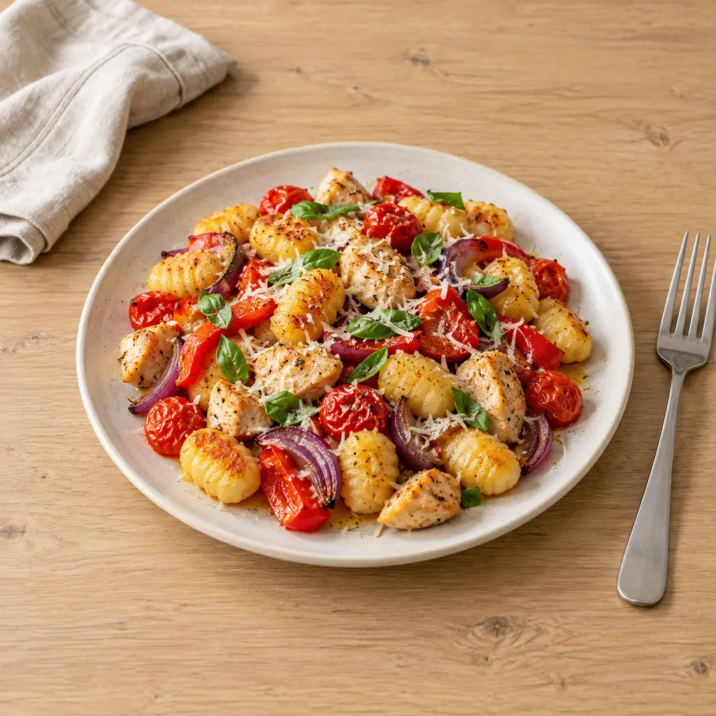 Gnocchis rôtis au four, poulet, poivrons et tomates