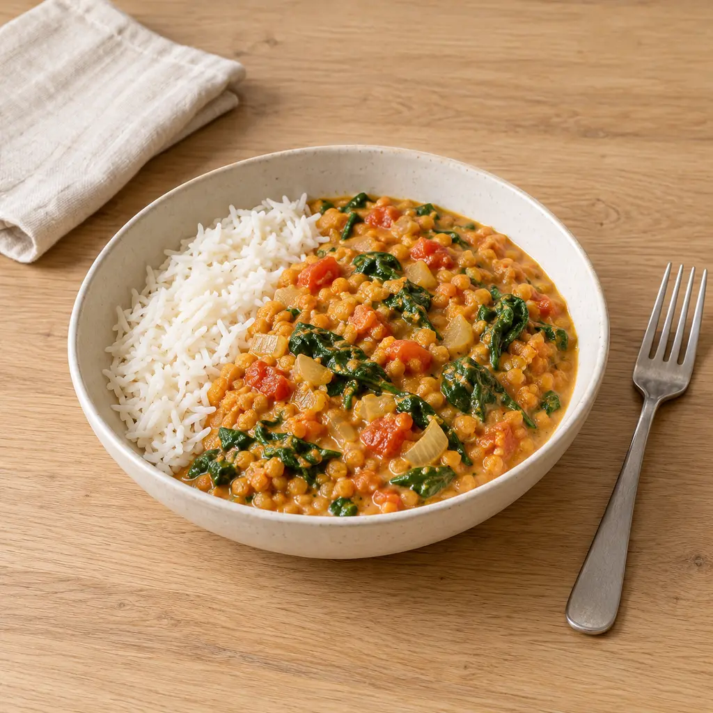 Dahl de lentilles corail coco-épinards
