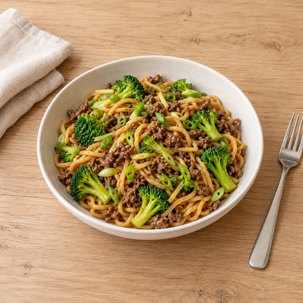Nouilles sautées au boeuf et brocoli