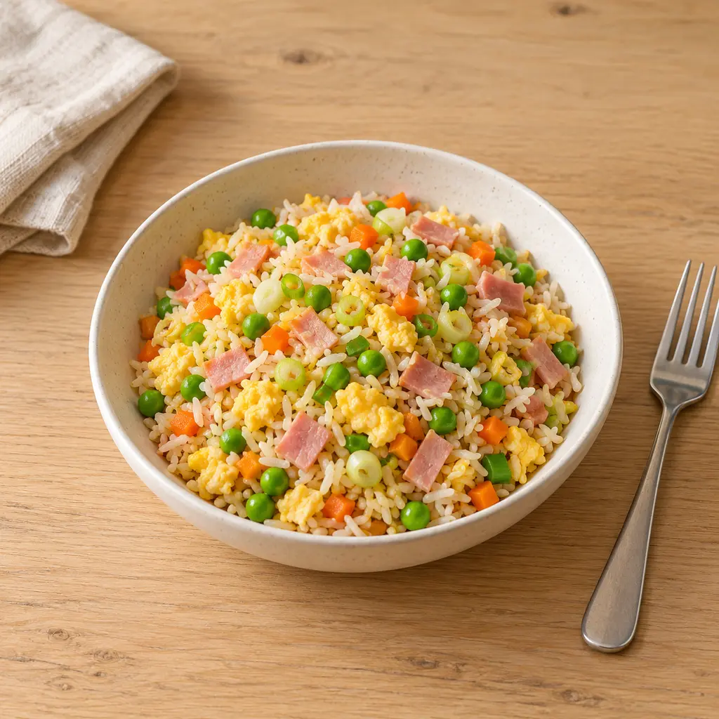 Riz cantonais aux oeufs, jambon et petits pois