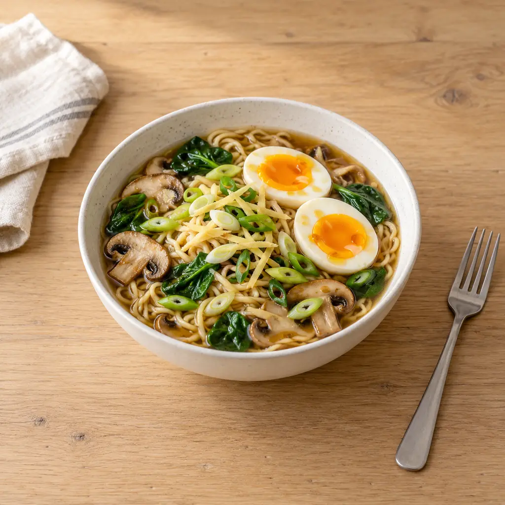 Ramen express, oeuf mollet et champignons