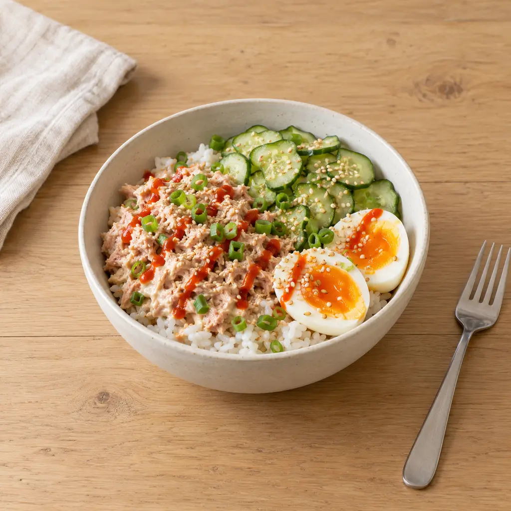 Bol de riz thon-mayo, concombre et sésame