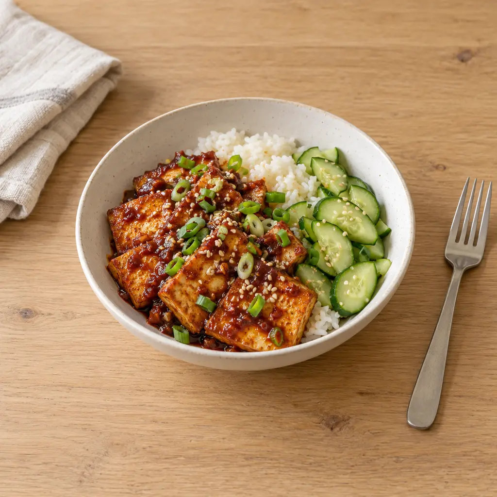 Tofu braisé à la coréenne, riz et concombre