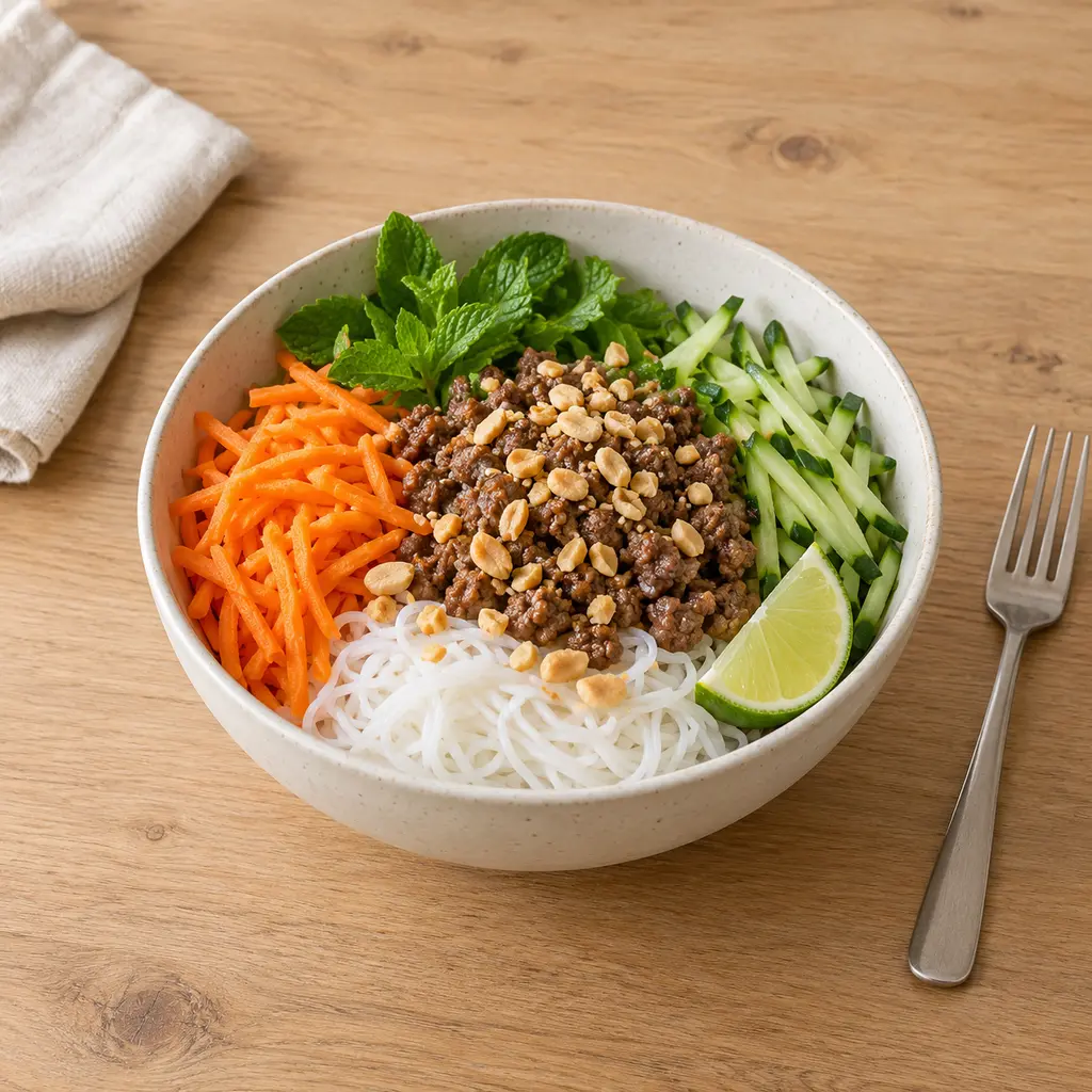 Bowl bo bun au boeuf, vermicelles et carottes marinées