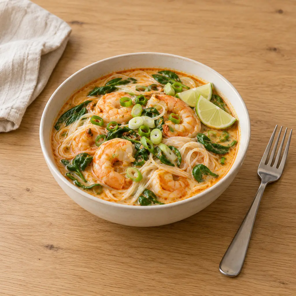 Soupe coco-curry aux nouilles et crevettes (façon laksa)