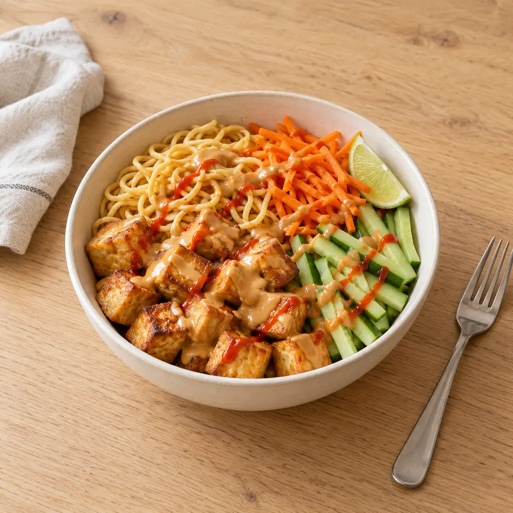 Tofu croustillant sauce cacahuète, nouilles et crudités