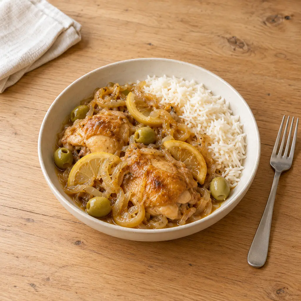 Yassa de poulet, oignons confits et citron