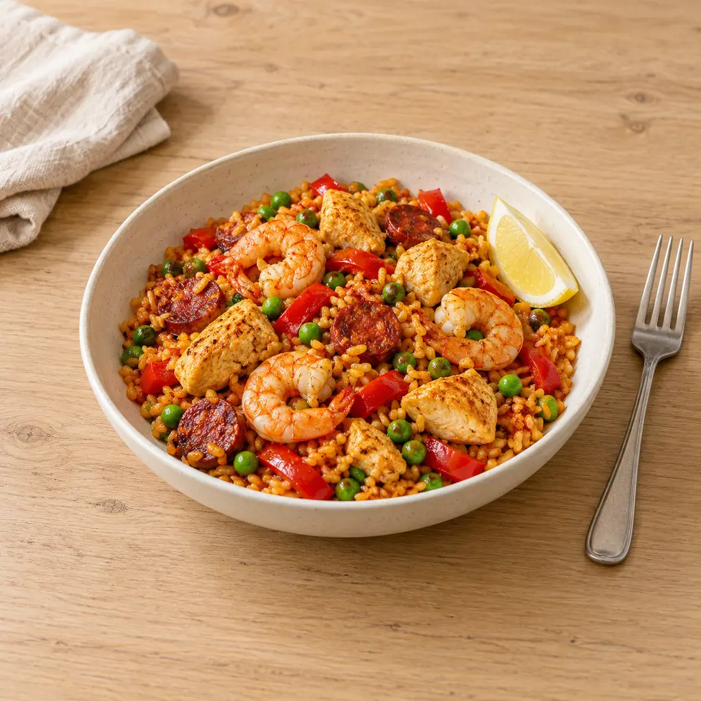 Paella express poulet, chorizo et crevettes