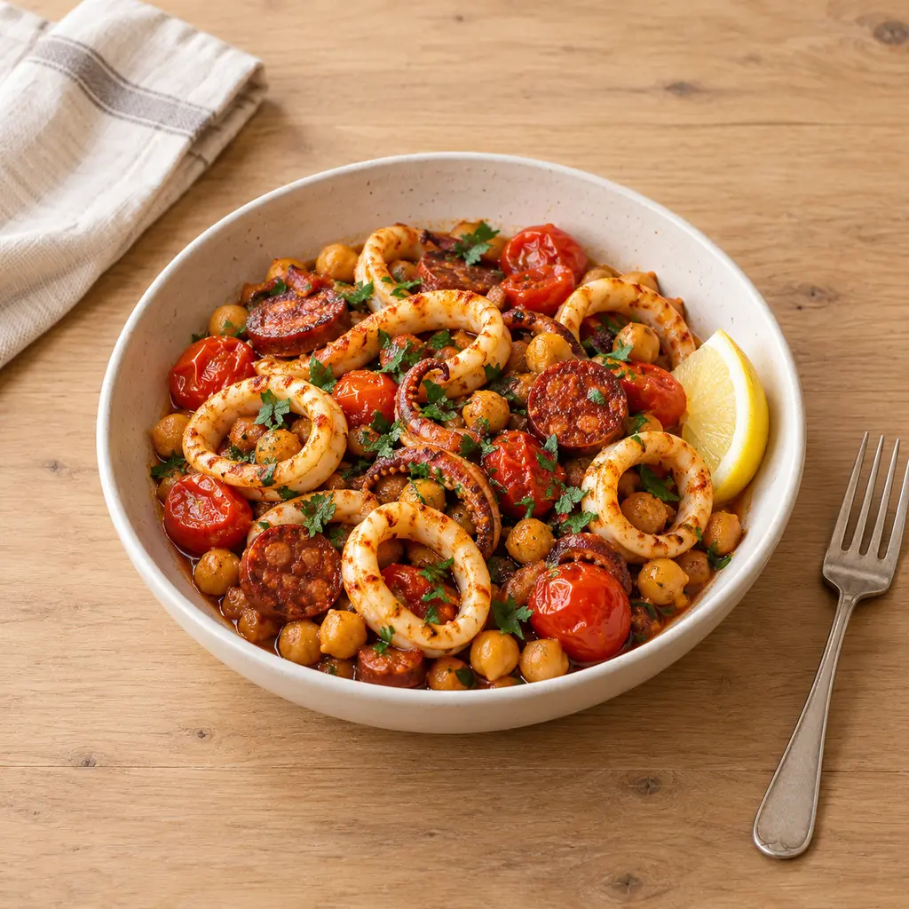 Poêlée de calamars, pois chiches et chorizo
