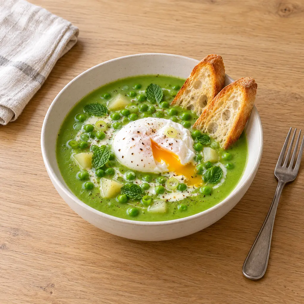 Velouté de petits pois à la menthe, oeuf poché et mouillettes