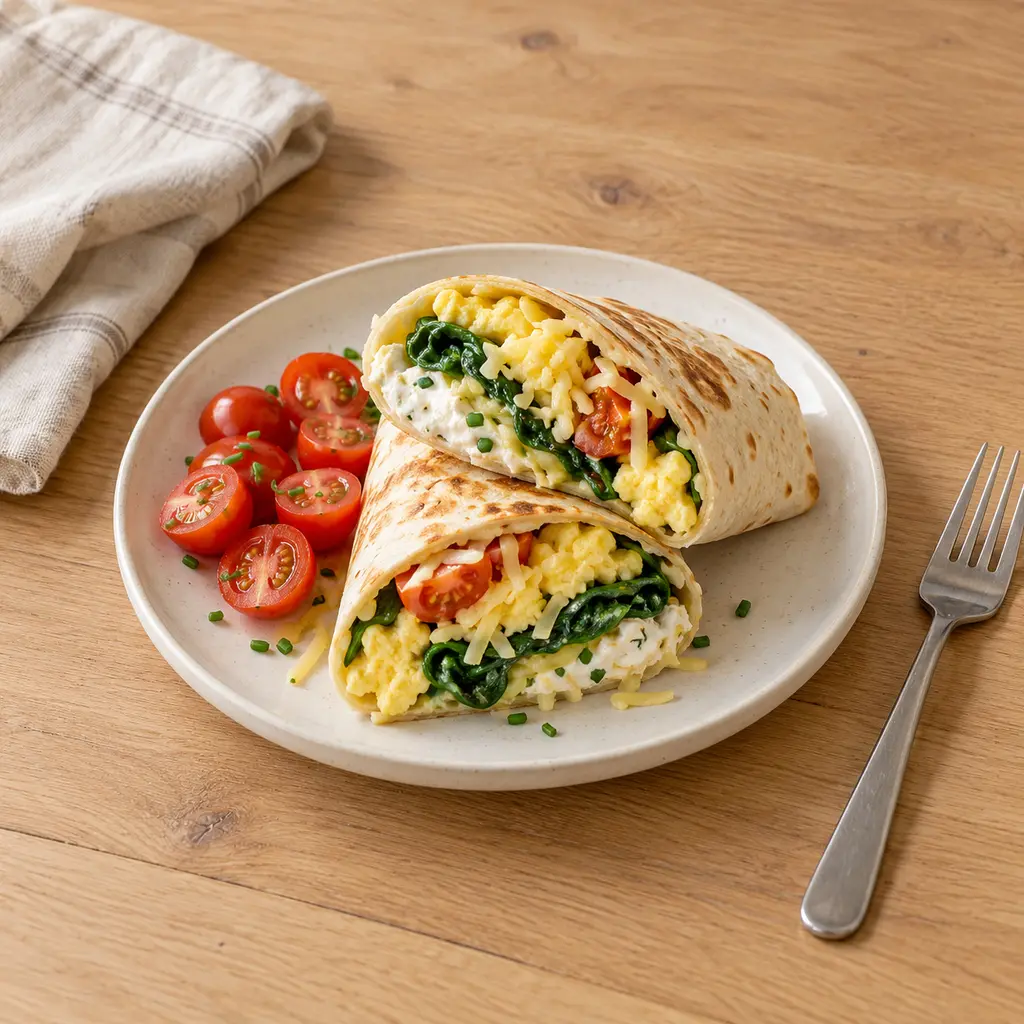 Wraps d'oeufs brouillés, épinards et fromage frais à la ciboulette