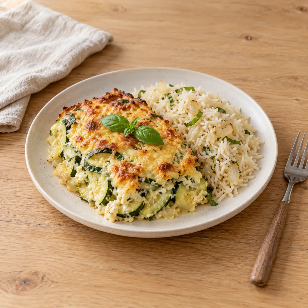 Gratin de courgettes au fromage frais et au basilic, riz pilaf