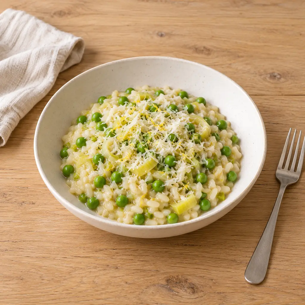 Risotto aux petits pois, poireau et parmesan