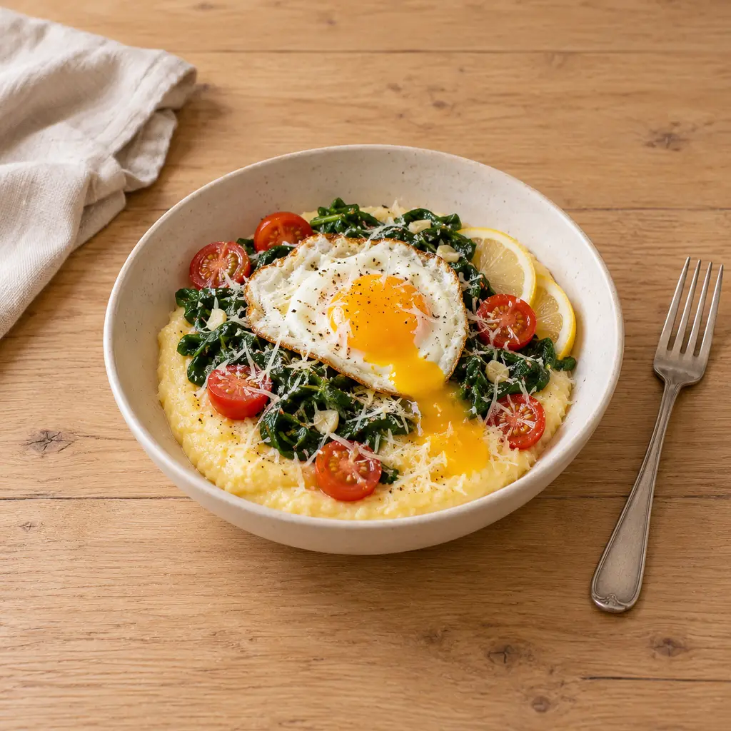 Polenta crémeuse, épinards à l'ail et oeuf au plat