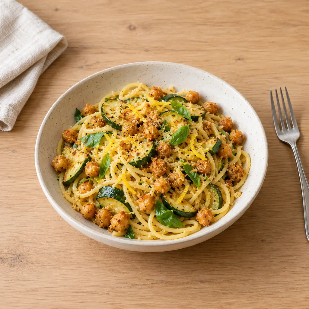Spaghetti aux courgettes, citron et pois chiches croustillants