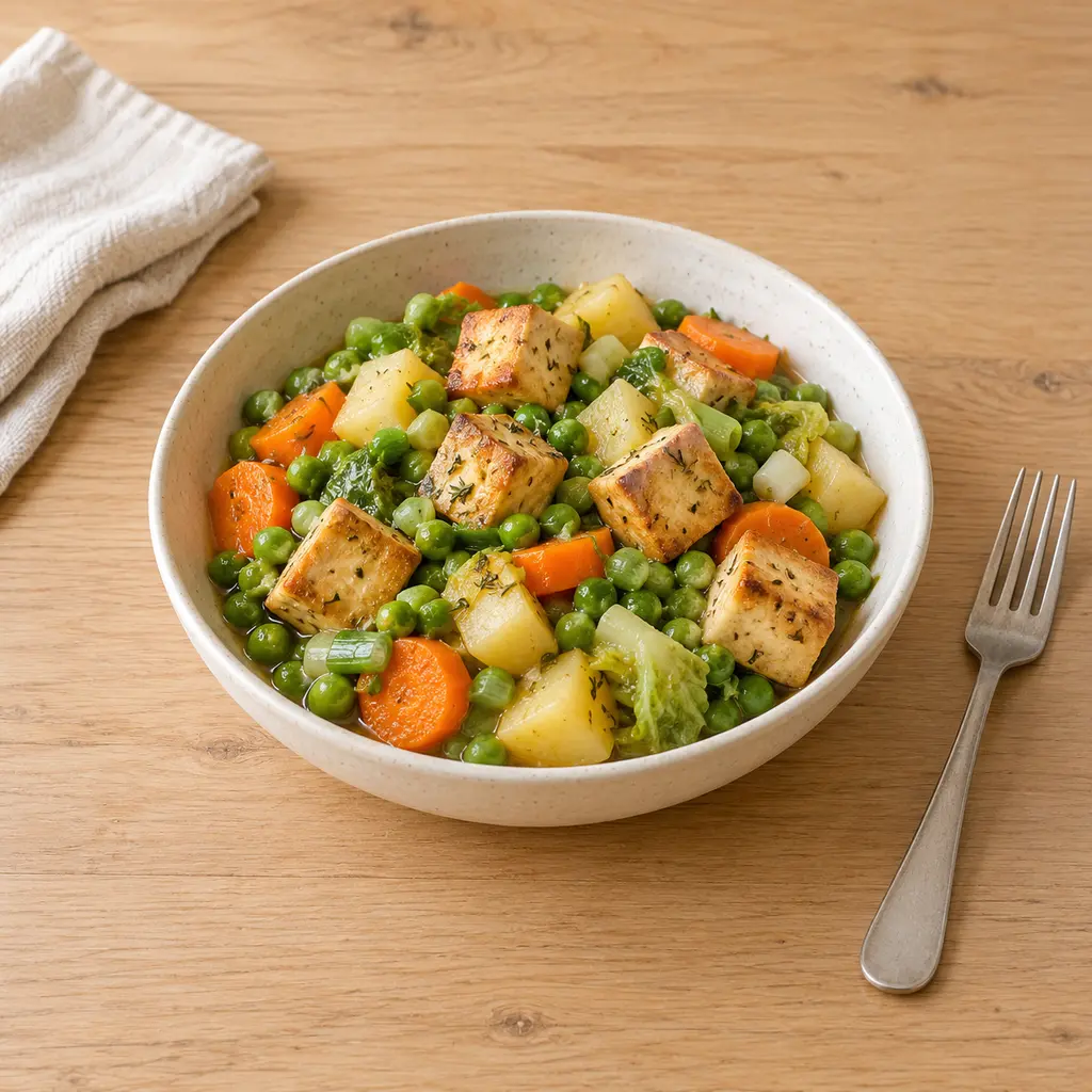 Petits pois à la française et tofu doré au thym