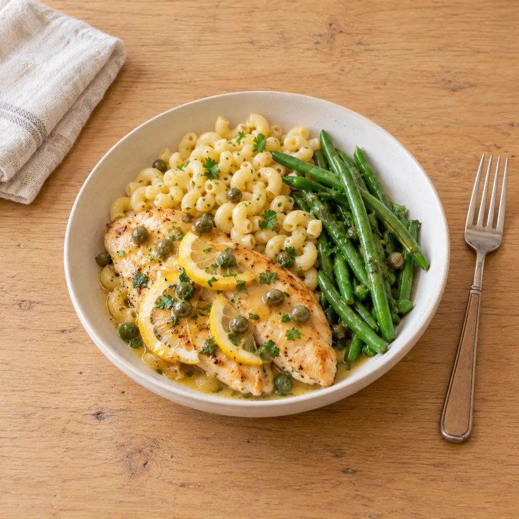 Escalopes de poulet citron-câpres, coquillettes et haricots verts