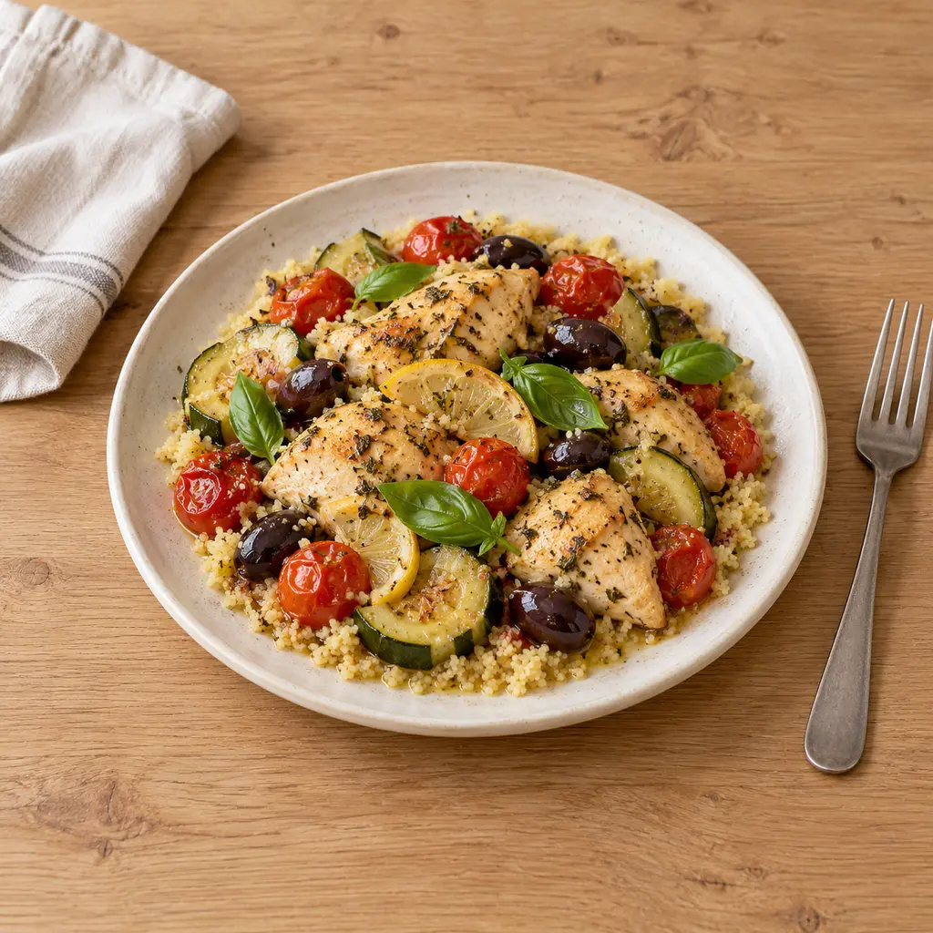 Poulet en papillote, courgette, tomates cerises et olives
