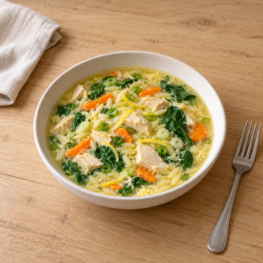 Soupe de poulet à l'orzo, épinards et citron