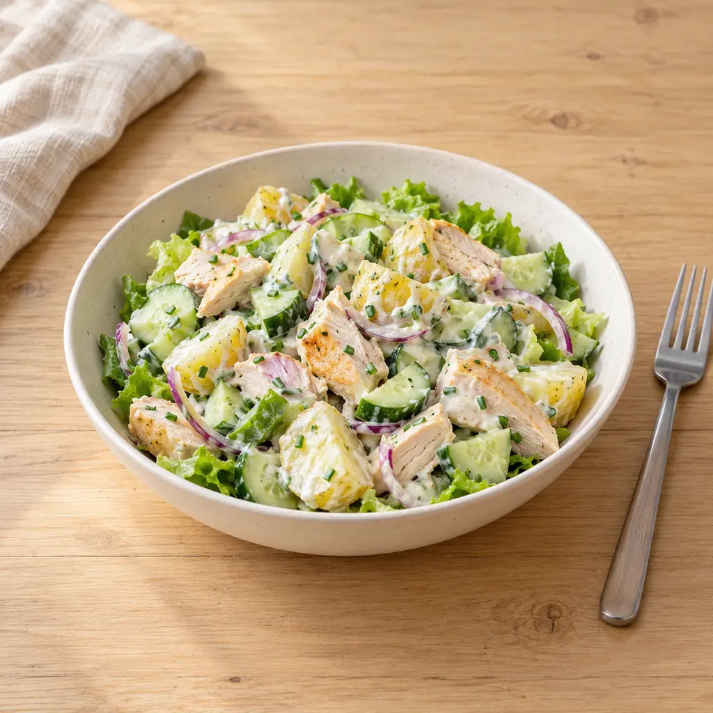 Salade de poulet, pommes de terre tièdes, concombre et sauce yaourt-ciboulette
