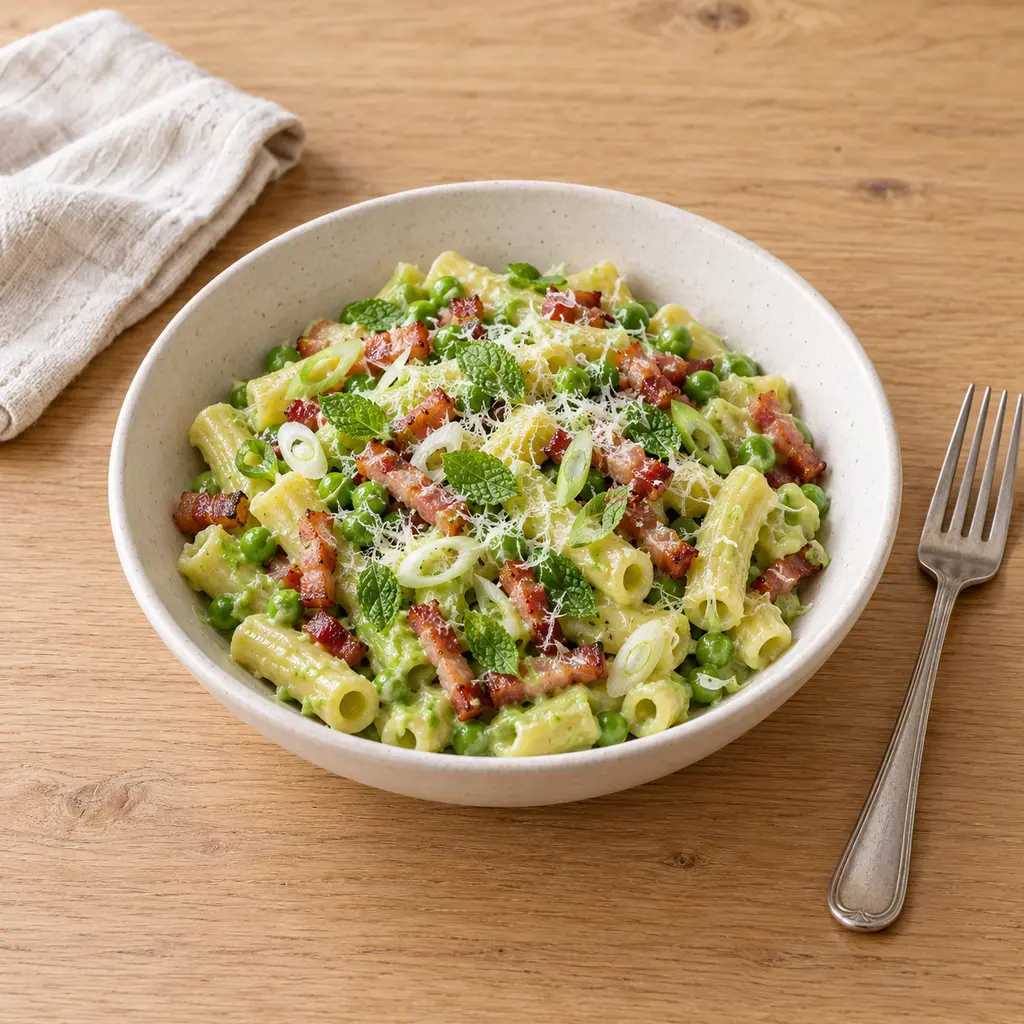 Pâtes à la crème de petits pois et lardons croustillants