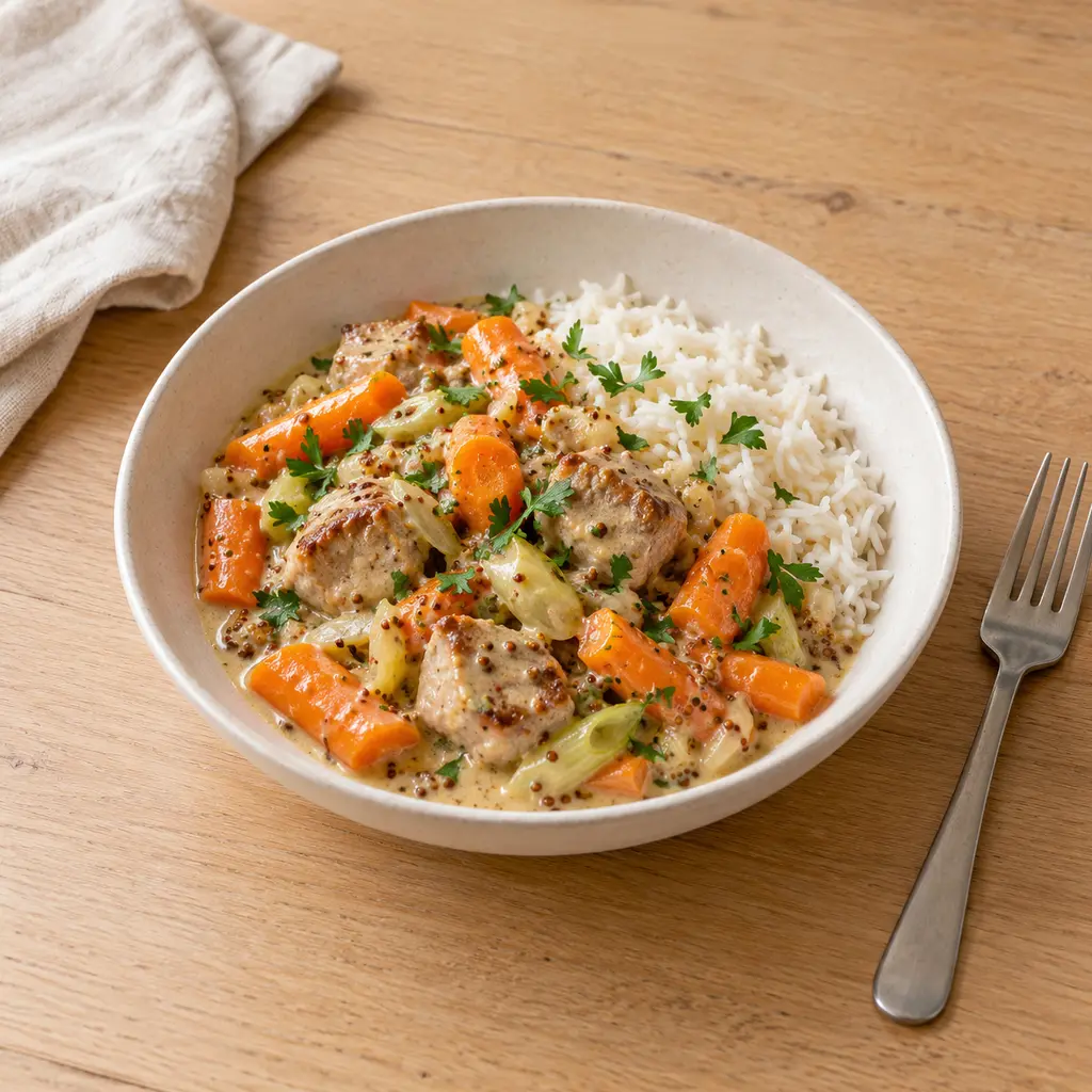 Sauté de porc aux carottes nouvelles et à la moutarde à l'ancienne