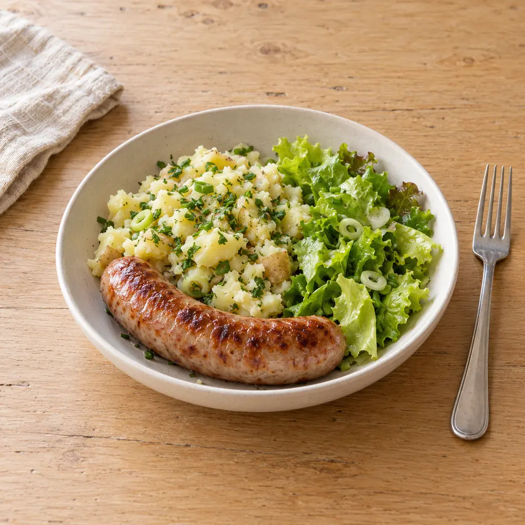 Saucisses de Toulouse, écrasé de pommes de terre aux herbes et salade
