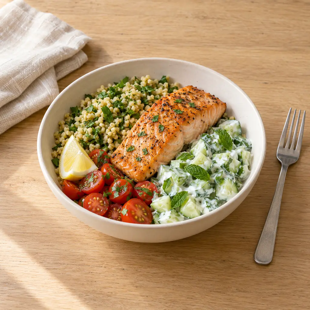 Saumon rôti, boulgour aux herbes et sauce concombre-menthe