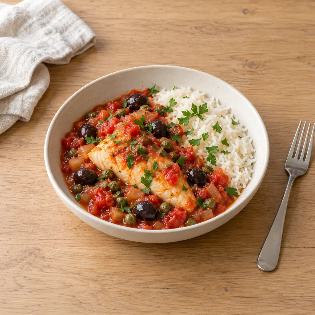 Colin mijoté à la tomate, olives et câpres, riz