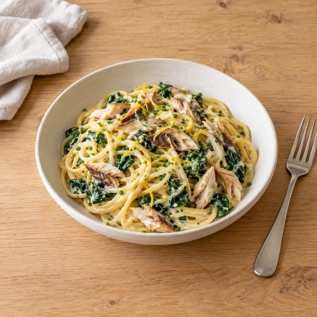 Spaghetti au maquereau fumé, épinards et crème citronnée