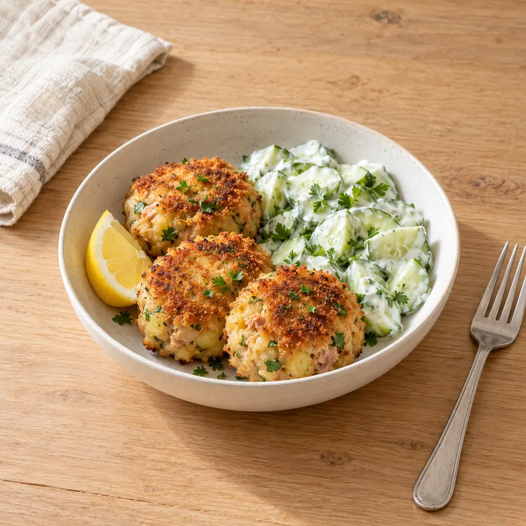 Croquettes de thon au air fryer, salade de concombre au yaourt