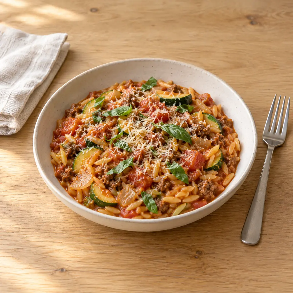 One-pot d'orzo au boeuf haché, courgette et basilic