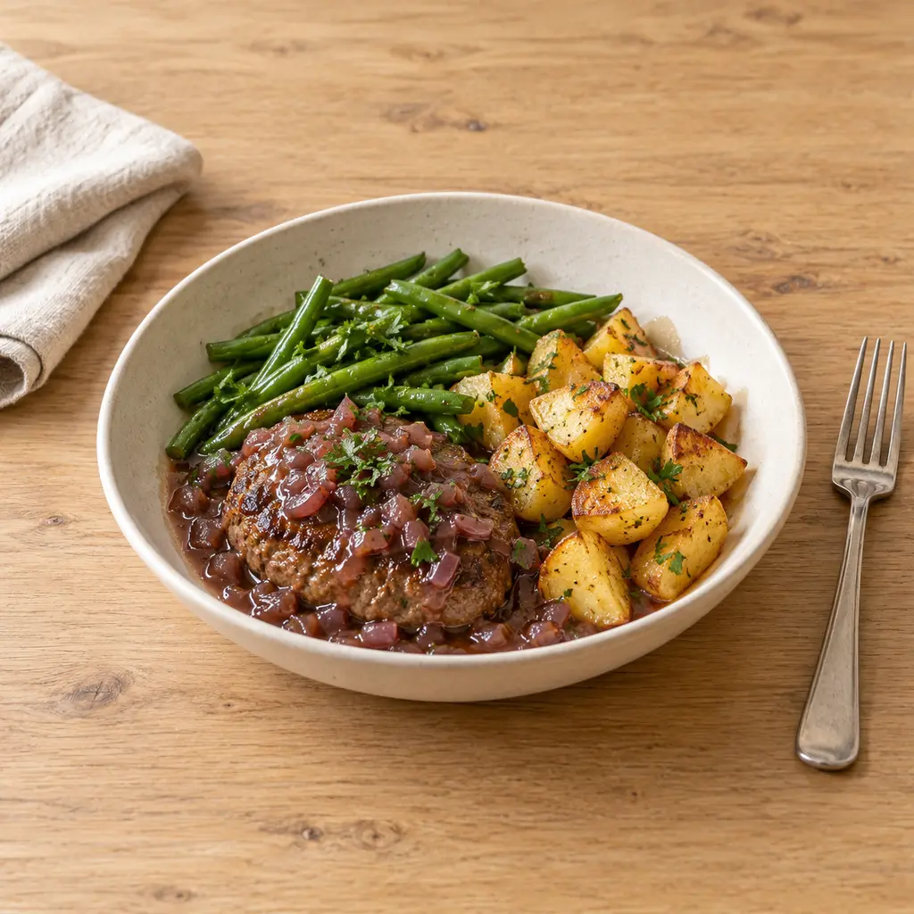 Steak haché à l'échalote, haricots verts et pommes de terre sautées