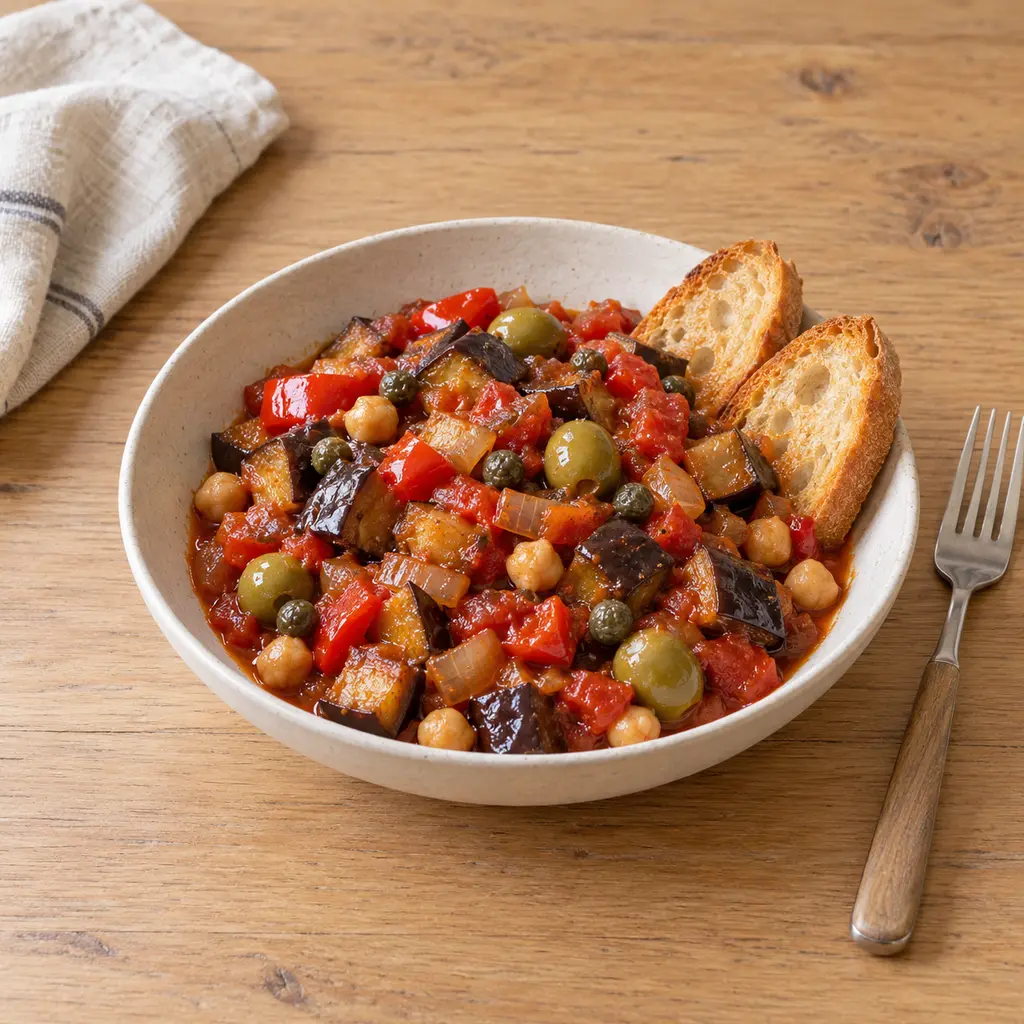 Caponata d'aubergines aux pois chiches et pain grillé