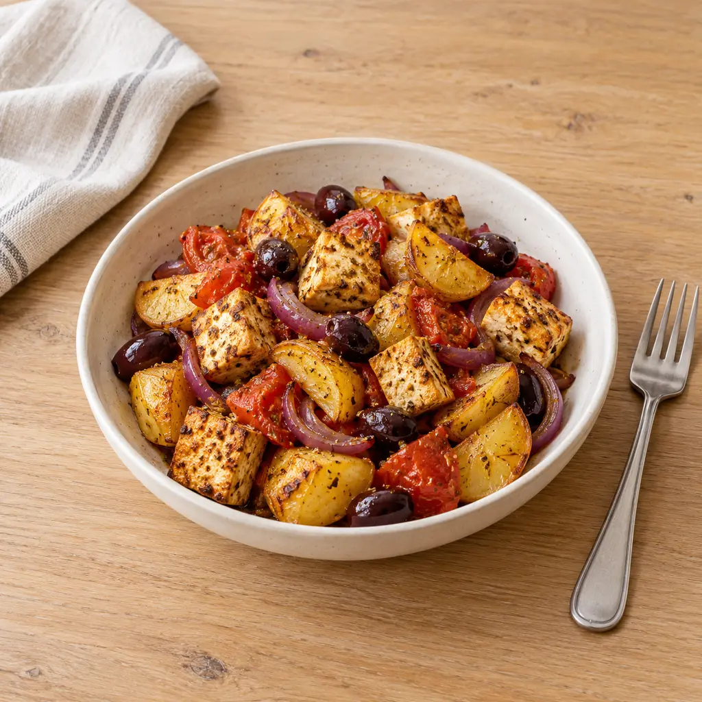 Tofu mariné à l'origan et pommes de terre au citron façon grecque