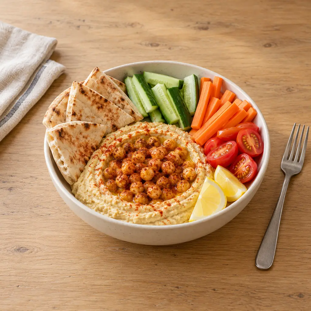 Houmous maison tiède, pois chiches grillés au paprika, crudités et pita