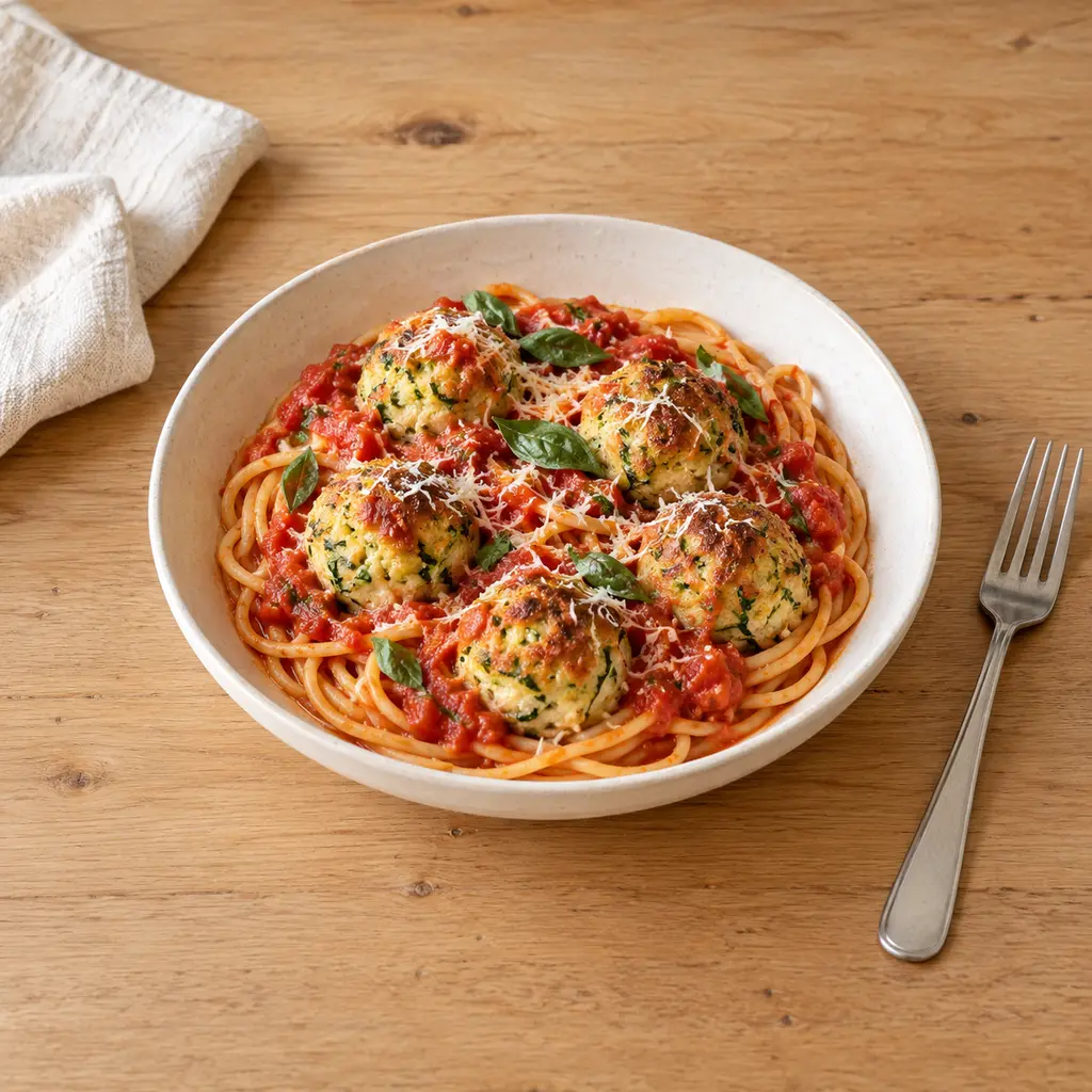 Boulettes de courgette et ricotta à la sauce tomate, spaghetti
