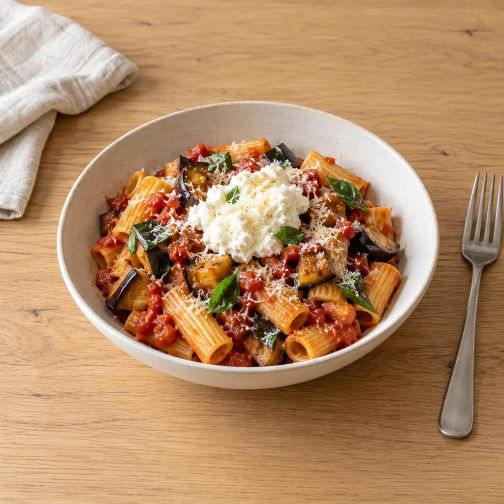 Pâtes alla Norma, aubergines dorées et ricotta