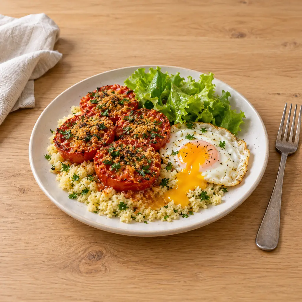 Tomates à la provençale, oeufs au plat et semoule aux herbes