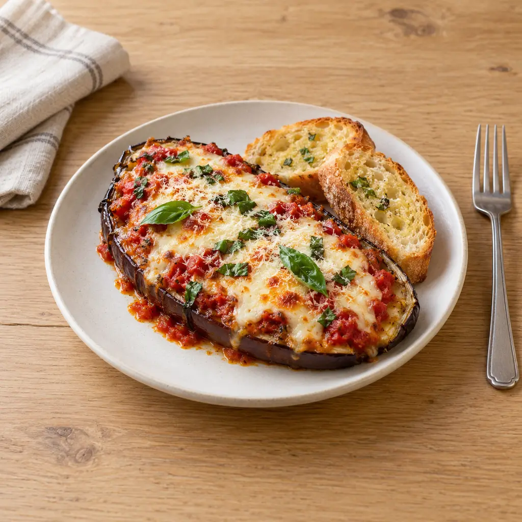 Aubergines gratinées tomate-mozzarella, pain frotté à l'ail