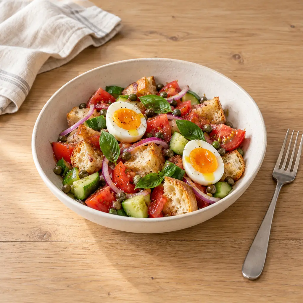 Panzanella aux oeufs mollets et câpres