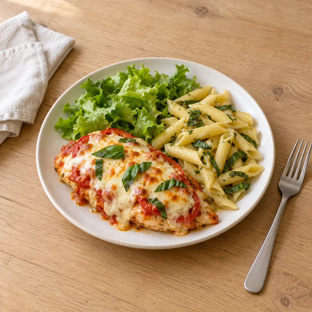 Poulet façon caprese gratiné et pâtes au basilic