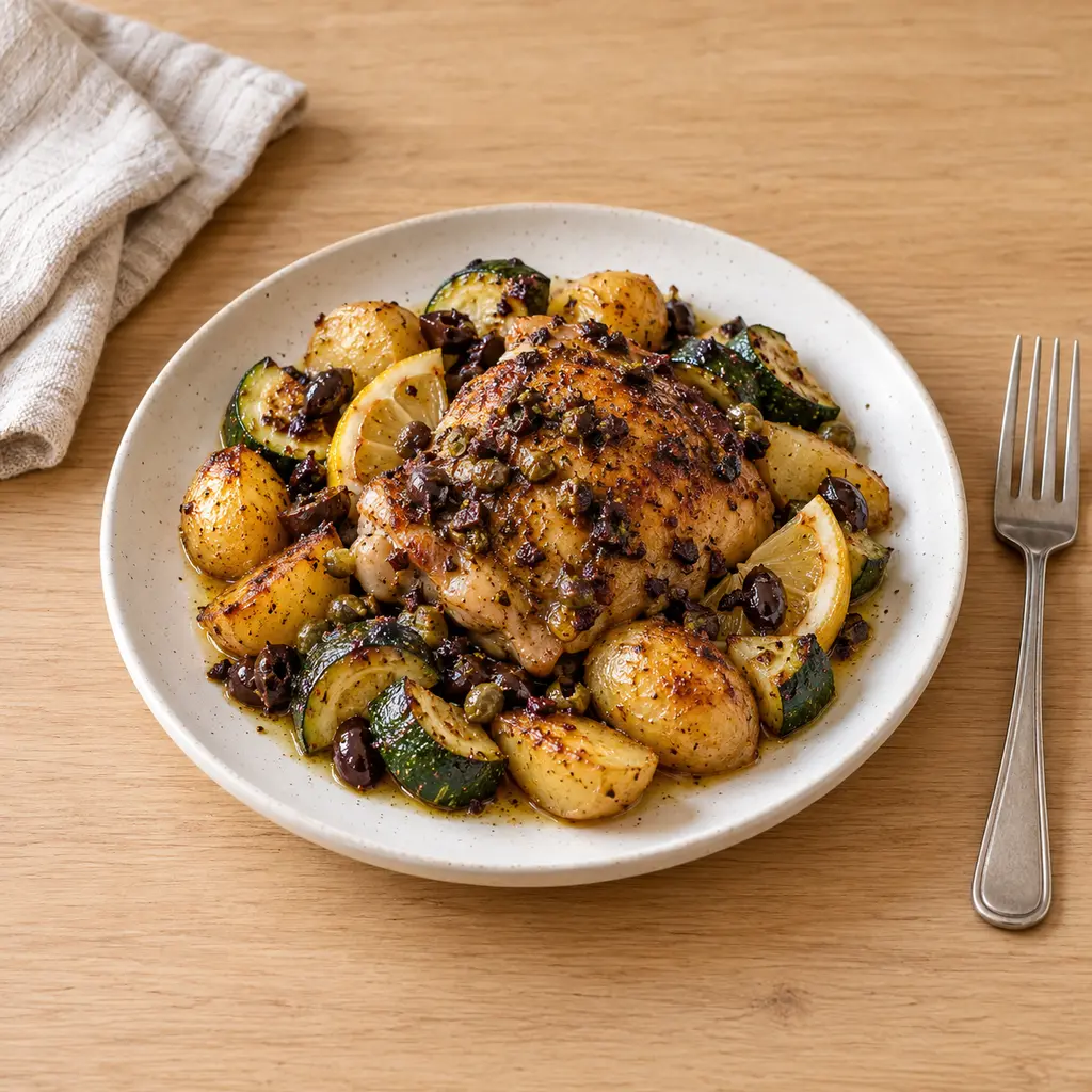 Hauts de cuisse à la tapenade maison, courgettes et grenailles rôties