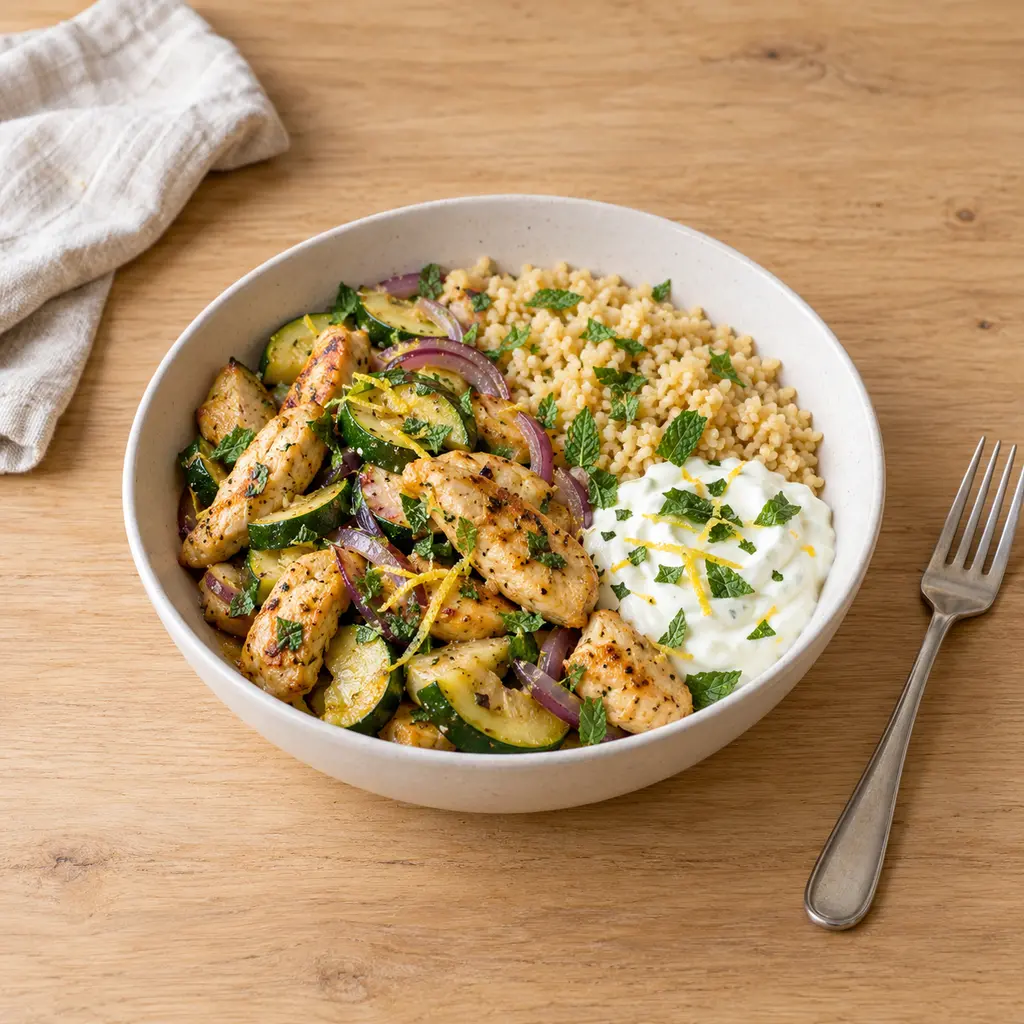 Poulet sauté aux courgettes, citron et menthe, boulgour et yaourt