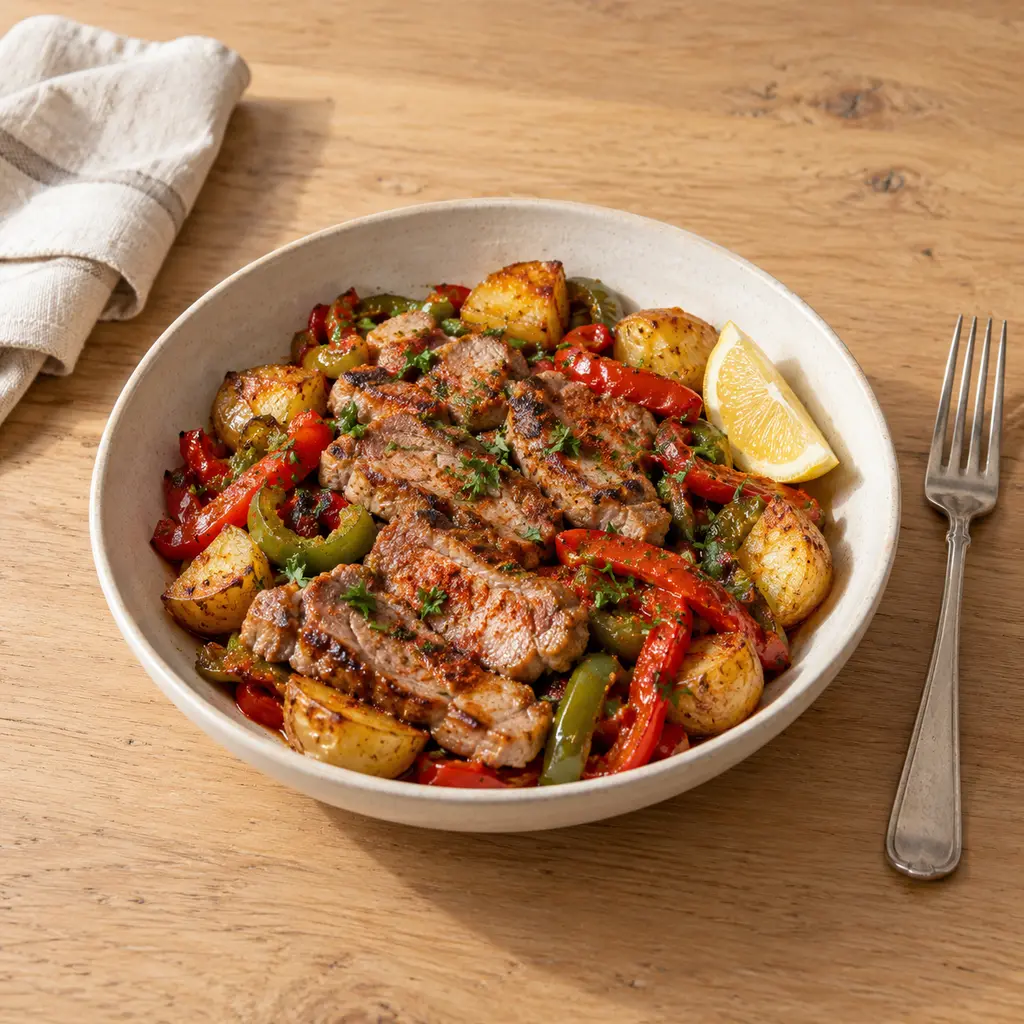Échine de porc à la plancha, poivrons confits et pommes de terre à l'ail