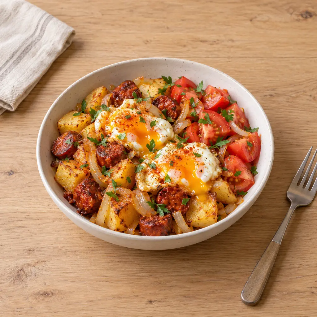 Huevos rotos au chorizo, pommes de terre sautées et salade de tomates
